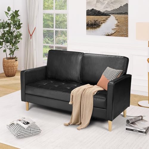 Black Faux Leather Mid-Century 2-Seater Sofa