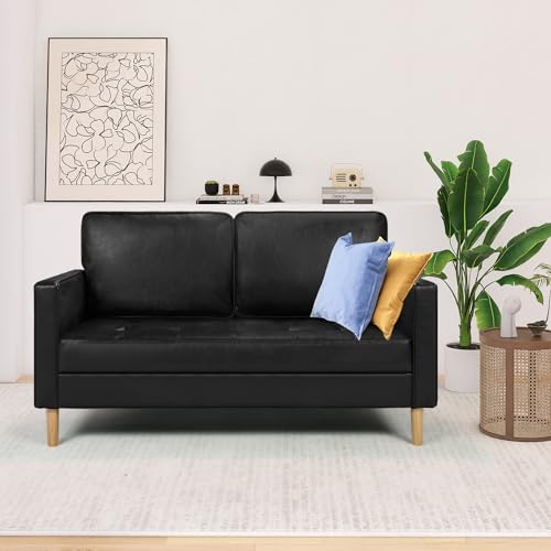 Black Faux Leather Mid-Century 2-Seater Sofa