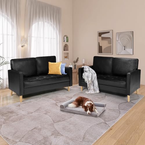Black Faux Leather Mid-Century 2-Seater Sofa