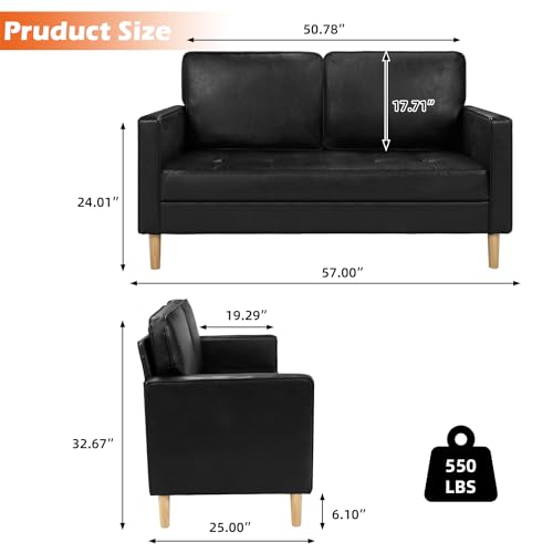 Black Faux Leather Mid-Century 2-Seater Sofa