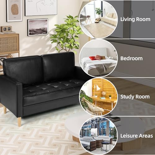 Black Faux Leather Mid-Century 2-Seater Sofa