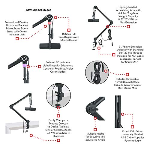 Gator Frameworks Professional Desktop Broadcast/Podcast Microphone Boom Stand with On-Air Indicator Light; Blue,Violet, & Red (GFWMICBCBM4000)