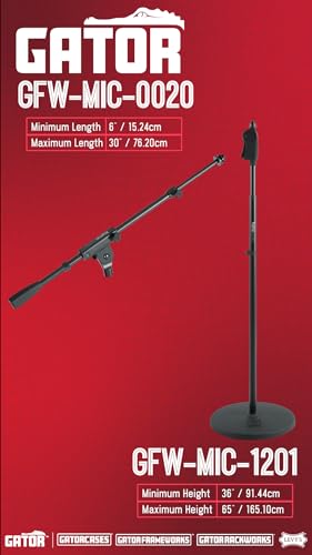 Gator Frameworks Microphone Stand with 12" Weighted Base and Deluxe Soft Grip Squeeze Height Adjustment (GFW-MIC-1201), 12" Weighted Base - Deluxe Height Adjust & Boom Arm (GFW-MIC-0020)