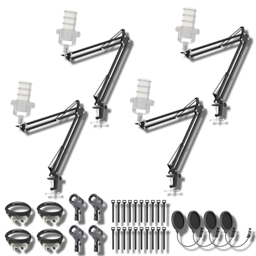 StreamEye BOOMARM1 Boom Arm Mic Stand with Desktop Mount (Four-Pack), Detachable Clips, Professional Grade XLR Cables, Microphone Pop Filters and Cable Ties