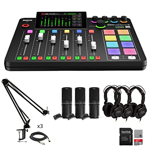 Rode RODECaster Pro II Audio Production Studio Bundle with 3x Zoom ZDM-1 Podcast Mic Packs, StreamEye Adjustable Boom Arms, 32GB microSD Card and StreamEye Polishing Cloth
