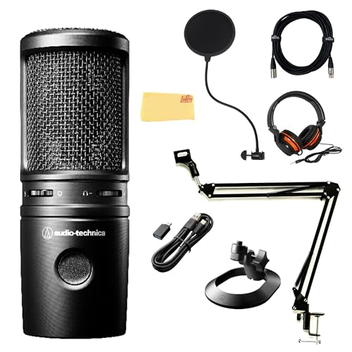 Audio-Technica AT2020USB-X Cardioid Condenser USB Microphone - Bundle with Pop Filter, Headphone, Boom Arm, XLR Cable, and Austin Bazaar Polishing Cloth
