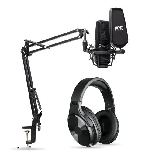 Movo XLR Condenser Microphone Bundle - Studio Headphones with Microphone, Pop FIlter, and Boom Arm - XLR Computer Microphone for PC and Mac - Over Ear Headphones Wired for 3.5mm and 6.35mm Input