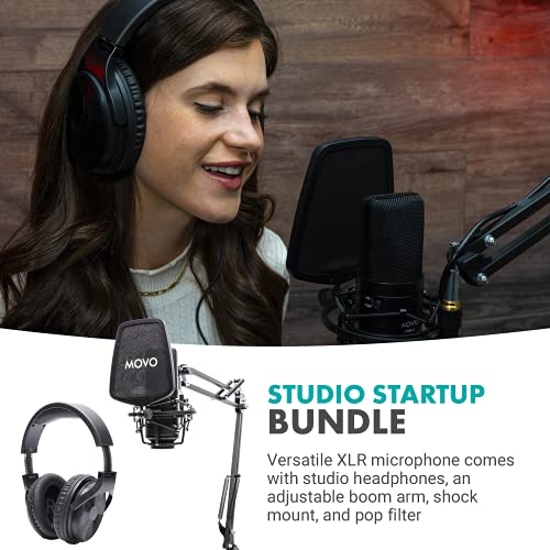 Movo XLR Condenser Microphone Bundle - Studio Headphones with Microphone, Pop FIlter, and Boom Arm - XLR Computer Microphone for PC and Mac - Over Ear Headphones Wired for 3.5mm and 6.35mm Input