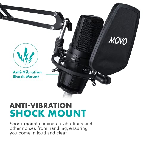 Movo XLR Condenser Microphone Bundle - Studio Headphones with Microphone, Pop FIlter, and Boom Arm - XLR Computer Microphone for PC and Mac - Over Ear Headphones Wired for 3.5mm and 6.35mm Input