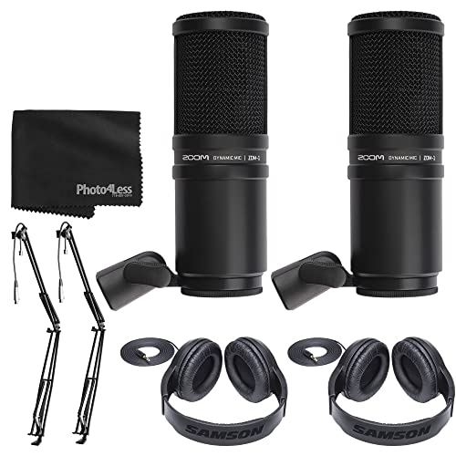 Zoom ZDM-1 Dynamic Microphone x2 + Broadcast/Webcast Boom Arm x2 + Stereo Headphones x2 + Cleaning Cloth - Top Value Bundle