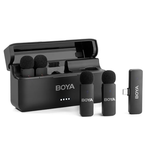 BOYA BY-V4U Wireless Lavalier Microphone for iPhone 15 Series Type C Smartphone with Charging case, 4-Channel Omnidirectional Noise Canceling Lapel Mics for Video Recording Interview Streaming Vlog