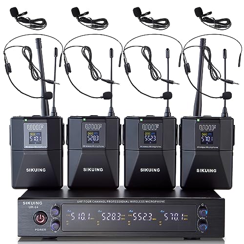 SIKUING 4 Channel UHF Wireless Microphone System with Lavalier Headset Mics, 4x50 Adjustable Frequencies, Ideal for Karaoke Meeting Church, 300ft Range (4 Bodypack)