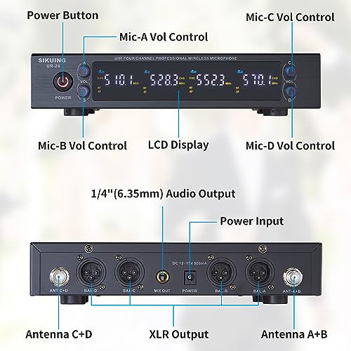 SIKUING 4 Channel UHF Wireless Microphone System with Lavalier Headset Mics, 4x50 Adjustable Frequencies, Ideal for Karaoke Meeting Church, 300ft Range (4 Bodypack)