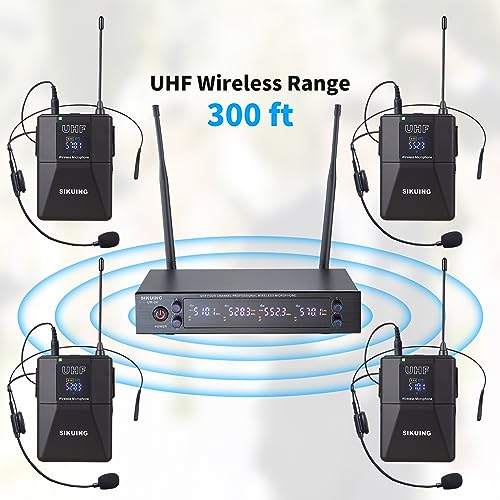 SIKUING 4 Channel UHF Wireless Microphone System with Lavalier Headset Mics, 4x50 Adjustable Frequencies, Ideal for Karaoke Meeting Church, 300ft Range (4 Bodypack)