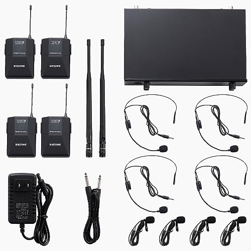 SIKUING 4 Channel UHF Wireless Microphone System with Lavalier Headset Mics, 4x50 Adjustable Frequencies, Ideal for Karaoke Meeting Church, 300ft Range (4 Bodypack)