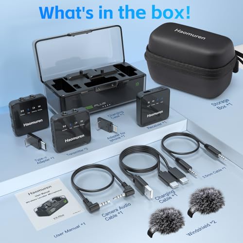 Haomuren Wireless Lavalier Microphone 2 Pack,Wireless Microphone,Compatible with iPhone,Android,Camera,iPad,Tablet,PC,Noise Cancel,Echo,656ft Transmission,36H Battery for Video Recording,Stream,Vlogs