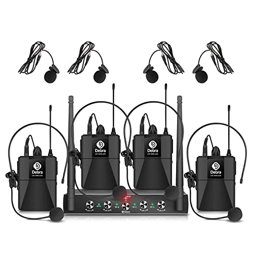 D Debra Audio AU400 Pro UHF 4 Channel Wireless Microphone System with Cordless Handheld Lavalier Headset Mics, Metal Receiver, Ideal for Karaoke Church Party (with 4 Bodypack (B))