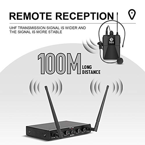D Debra Audio AU400 Pro UHF 4 Channel Wireless Microphone System with Cordless Handheld Lavalier Headset Mics, Metal Receiver, Ideal for Karaoke Church Party (with 4 Bodypack (B))
