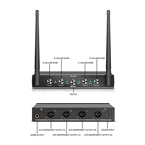 D Debra Audio AU400 Pro UHF 4 Channel Wireless Microphone System with Cordless Handheld Lavalier Headset Mics, Metal Receiver, Ideal for Karaoke Church Party (with 4 Bodypack (B))