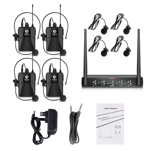 D Debra Audio AU400 Pro UHF 4 Channel Wireless Microphone System with Cordless Handheld Lavalier Headset Mics, Metal Receiver, Ideal for Karaoke Church Party (with 4 Bodypack (B))