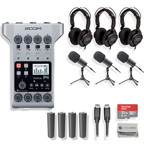 Zoom PodTrak P4 Portable Podcast Recorder with 3x Zoom ZDM-1 Podcast Microphone and Headphone Bundle, 4x AA Batteries, 32GB SD Card, USB-C to USB-C Cable and StreamEye Polishing Cloth