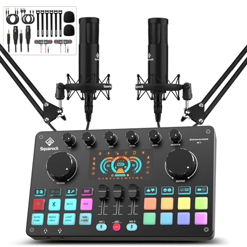 Podcast Equipment Bundle for 2, Audio Interface DJ Mixer with Studio Podcast Microphones Portable Battery Powered For Podcast, Live streaming, Recording, Music Creation COMMANDER M1
