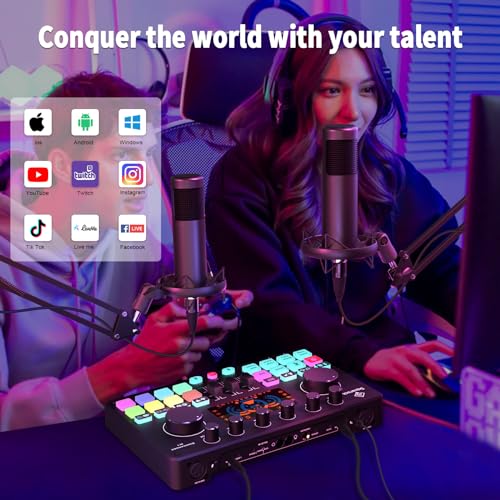 Podcast Equipment Bundle for 2, Audio Interface DJ Mixer with Studio Podcast Microphones Portable Battery Powered For Podcast, Live streaming, Recording, Music Creation COMMANDER M1