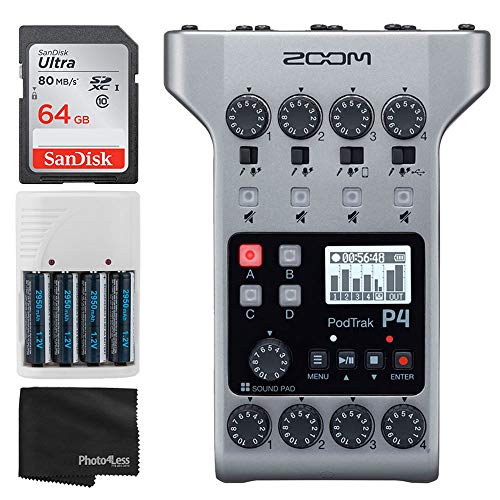 Zoom PodTrak P4 Portable Multitrack Podcast Recorder + 64GB Ultra SDXC Memory Card + 4X AA Batteries & Charger + Cleaning Cloth – Ultimate Podcasting Bundle