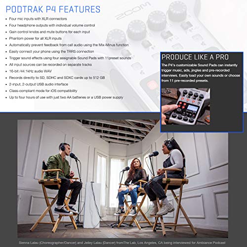 Zoom PodTrak P4 Portable Multitrack Podcast Recorder + 64GB Ultra SDXC Memory Card + 4X AA Batteries & Charger + Cleaning Cloth – Ultimate Podcasting Bundle