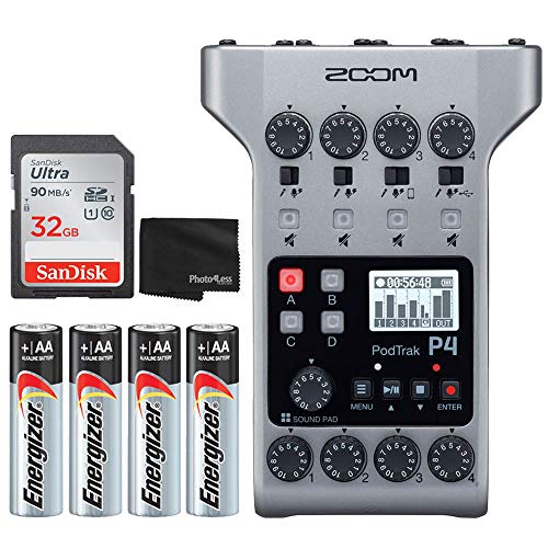 Zoom PodTrak P4 Portable Multitrack Podcast Recorder Bundle with 32GB Ultra SDHC Memory Card + 4X AA Batteries + Cleaning Cloth – Deluxe Podcasting Bundle