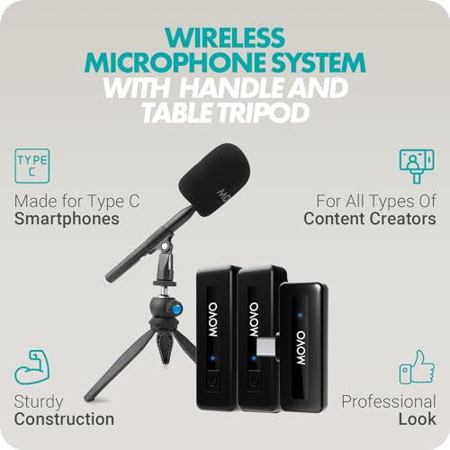Movo Wireless Mini UC-Duo USB-C Wireless Microphone for iPhone 15/Android/PC/MacBook Podcast Equipment Bundle with WMX-HM Handle/Desktop Mic Stand for Podcasting, Interviews, and Content Creation