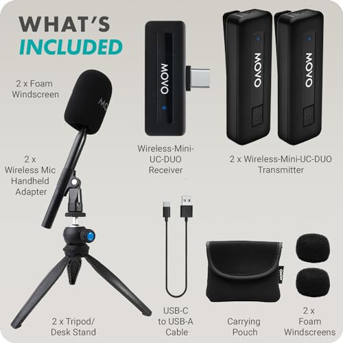 Movo Wireless Mini UC-Duo USB-C Wireless Microphone for iPhone 15/Android/PC/MacBook Podcast Equipment Bundle with WMX-HM Handle/Desktop Mic Stand for Podcasting, Interviews, and Content Creation