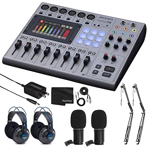 Zoom PodTrak P8 Multitrack Podcast Recorder + 2X Zoom ZDM-1 Dynamic Microphones + 2X Samson SR970 Professional Studio Reference Headphones - 2X Broadcast Boom Arm - Complete Recording Bundle