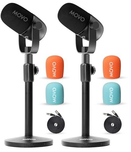 Movo 2 Pack CastMic Dynamic XLR Podcast Microphone Bundle with Tabletop Stand for PC, Gaming, Streaming, YouTube, and Musicians - Cardioid Podcast Mic for Content Creators