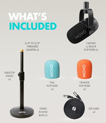 Movo 2 Pack CastMic Dynamic XLR Podcast Microphone Bundle with Tabletop Stand for PC, Gaming, Streaming, YouTube, and Musicians - Cardioid Podcast Mic for Content Creators