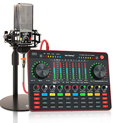 Podcast Equipment Bundle, tenlamp Audio Mixer with Live Sound Card and PK King Podcast Microphone Bundle, All-In-One Podcast Kit for PC or Cellphone Live Streaming, Music Studio Recording, Guitar