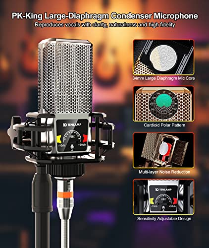 Podcast Equipment Bundle, tenlamp Audio Mixer with Live Sound Card and PK King Podcast Microphone Bundle, All-In-One Podcast Kit for PC or Cellphone Live Streaming, Music Studio Recording, Guitar