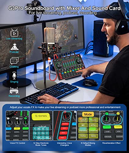 Podcast Equipment Bundle, tenlamp Audio Mixer with Live Sound Card and PK King Podcast Microphone Bundle, All-In-One Podcast Kit for PC or Cellphone Live Streaming, Music Studio Recording, Guitar