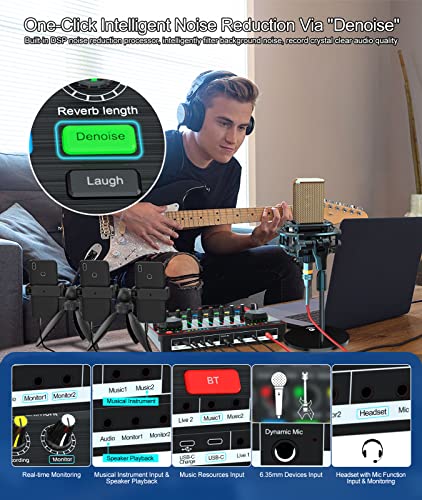 Podcast Equipment Bundle, tenlamp Audio Mixer with Live Sound Card and PK King Podcast Microphone Bundle, All-In-One Podcast Kit for PC or Cellphone Live Streaming, Music Studio Recording, Guitar
