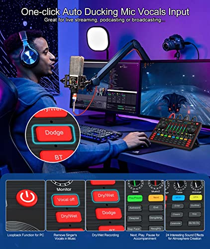 Podcast Equipment Bundle, tenlamp Audio Mixer with Live Sound Card and PK King Podcast Microphone Bundle, All-In-One Podcast Kit for PC or Cellphone Live Streaming, Music Studio Recording, Guitar