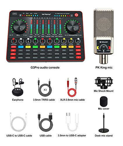 Podcast Equipment Bundle, tenlamp Audio Mixer with Live Sound Card and PK King Podcast Microphone Bundle, All-In-One Podcast Kit for PC or Cellphone Live Streaming, Music Studio Recording, Guitar