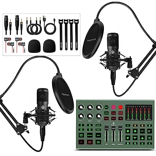 Podcast Equipment Bundle for 2 - Audio Interface DJ Mixer with Podcast Microphone Audio Mixer For Live Streaming Recording Interview