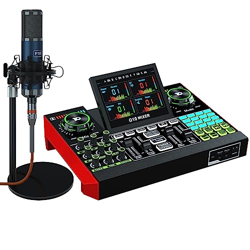 Podcast Equipment Bundle, P18 Microphone and G10 Live Sound Card, Audio interface, Sound Board, Voice Changer, Audio Mixer with Sound Card for PC Recording Gaming Live Streaming (G10-P18)