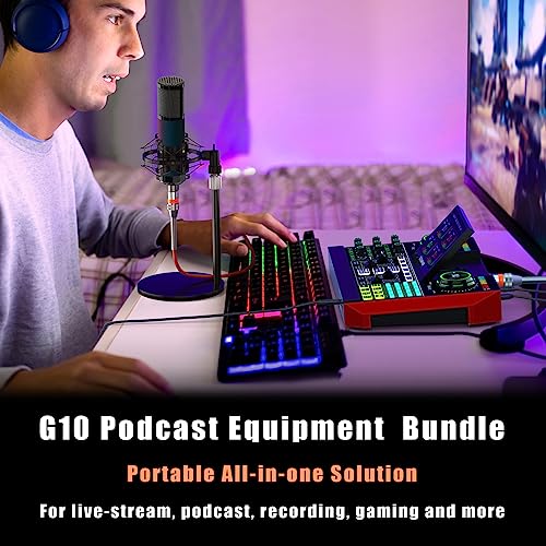 Podcast Equipment Bundle, P18 Microphone and G10 Live Sound Card, Audio interface, Sound Board, Voice Changer, Audio Mixer with Sound Card for PC Recording Gaming Live Streaming (G10-P18)