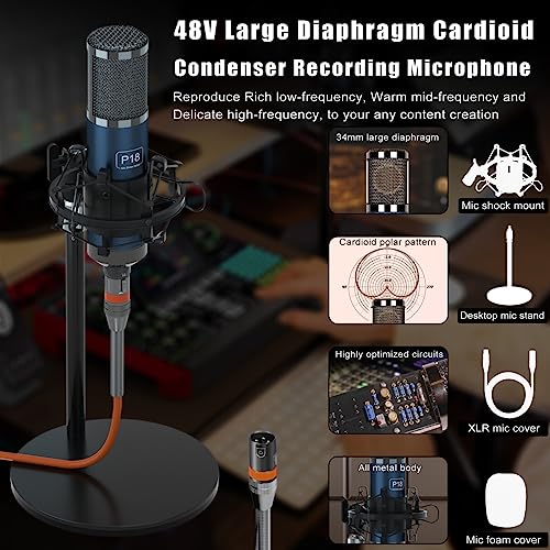 Podcast Equipment Bundle, P18 Microphone and G10 Live Sound Card, Audio interface, Sound Board, Voice Changer, Audio Mixer with Sound Card for PC Recording Gaming Live Streaming (G10-P18)