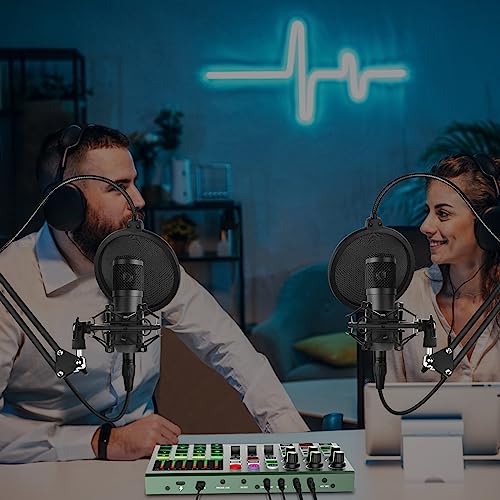 Podcast Equipment Bundle for 2 - Audio Interface DJ Mixer with Podcast Microphone Audio Mixer For Live Streaming Recording Interview