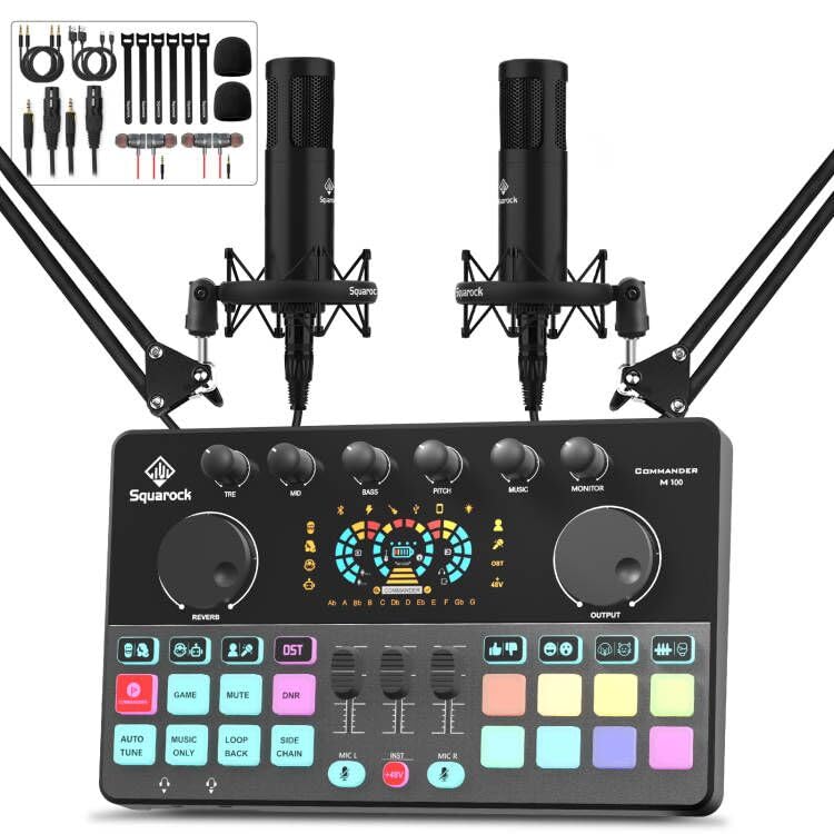 Podcast Equipment Bundle for 2, Audio Interface DJ Mixer with Studio Microphone For Podcast, Live streaming, Recording COMMANDER M100