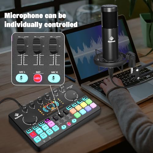 Podcast Equipment Bundle for 2, Audio Interface DJ Mixer with Studio Microphone For Podcast, Live streaming, Recording COMMANDER M100