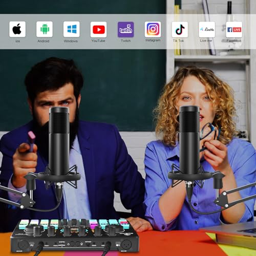 Podcast Equipment Bundle for 2, Audio Interface DJ Mixer with Studio Microphone For Podcast, Live streaming, Recording COMMANDER M100