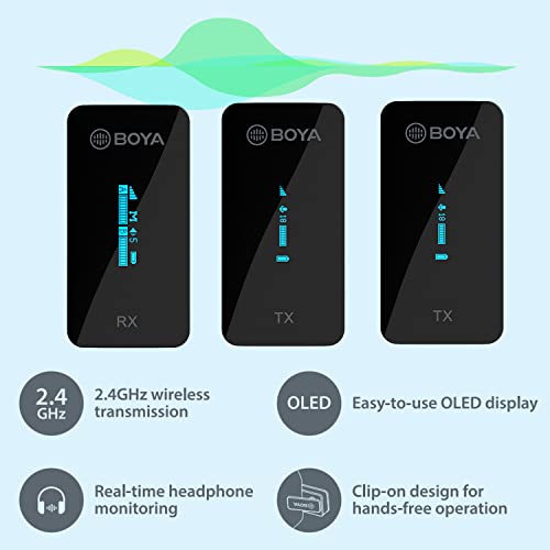 BOYA Wireless Lavalier Microphone System, by-XM6 2.4GHz Dual Lavalier Mic Lapel Microphone for iPhone/Android, DSLR Camera Microphone Real-time Audio Monitor Recording Vlog Transmitter 2 + Receiver 1